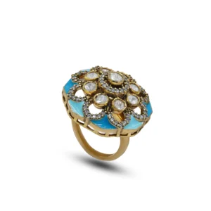 Traditional Gold-Plated Blue Enamel Floral Ring with White Stones