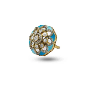 Traditional Gold-Plated Blue Enamel Floral Ring with White Stones - 1