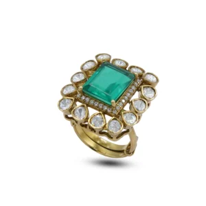 Majestic Emerald Square Ring with Diamond Halo