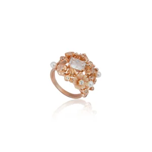 Baroque Garden Rose Gold Ring with Pearls and Crystals