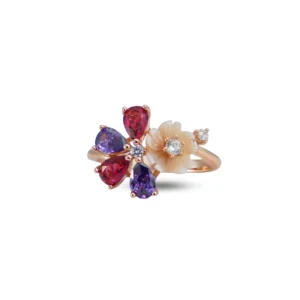 Blooming Bouquet Ring with Multicolor Gemstones & Carved Flower