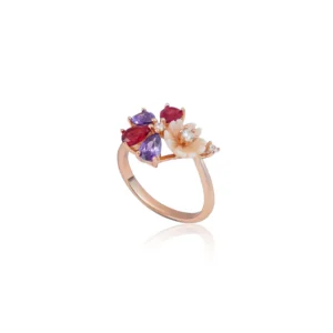 Blooming Bouquet Ring with Multicolor Gemstones & Carved Flower - 1