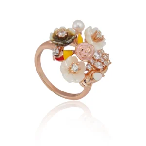 Enchanted Garden Bird Ring with Crystals and Enamel Flowers