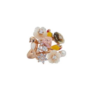 Enchanted Garden Bird Ring with Crystals and Enamel Flowers - 1